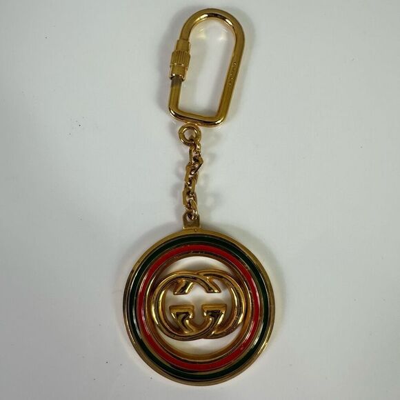 Gucci Vintage Interlocking G Gold Red Green Key Ring Bag Charm - Picture 2 of 6